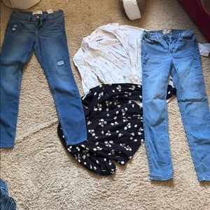 Abercrombie kids of Blue Skinny Jeans + Black Floral Dress and White Printed Top
